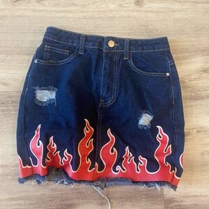 Dark Denim Mini Skirt with Red Flame
